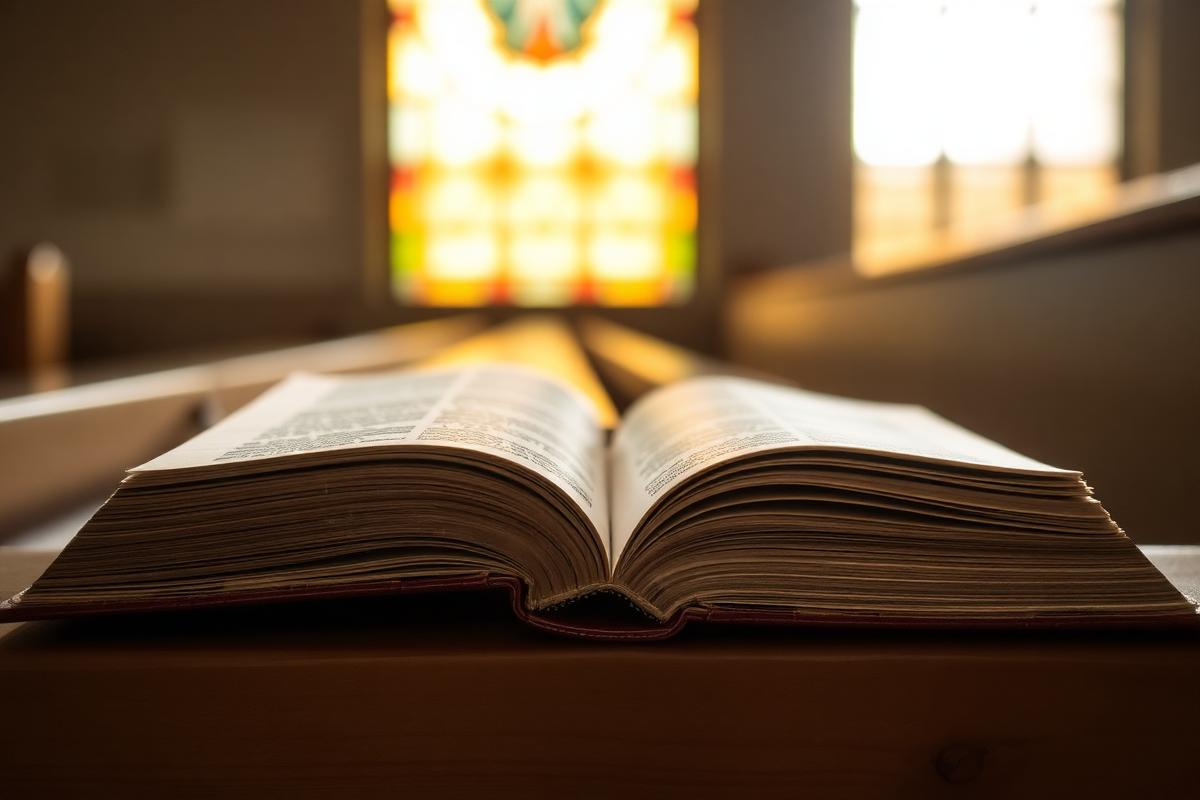 An open Bible resting on a wooden pew in warm light